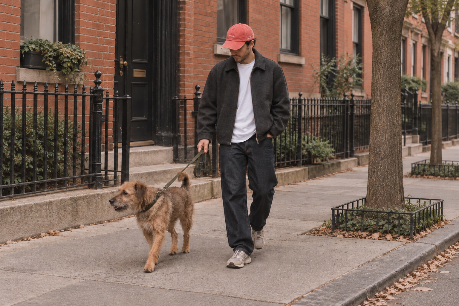 Una gorra Purposeful en un paseo por la ciudad con un perro